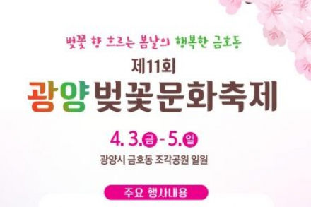 광양시, ‘광양벚꽃문화축제’ 개최, 4월 3~5일 금호동 조각공원 벚꽃길 행사